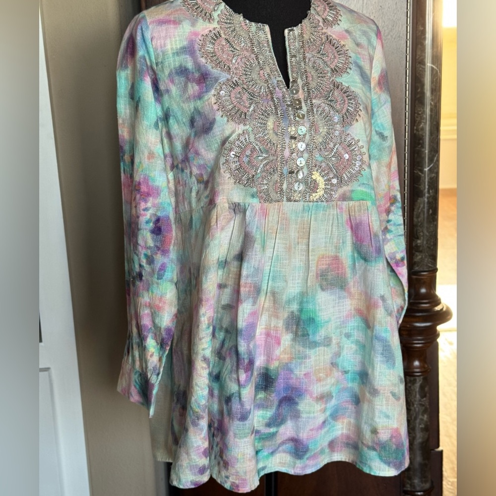 Soft Surroundings Pastel Tie Dye Beaded Tunic‎ Top - Picture 9 of 15